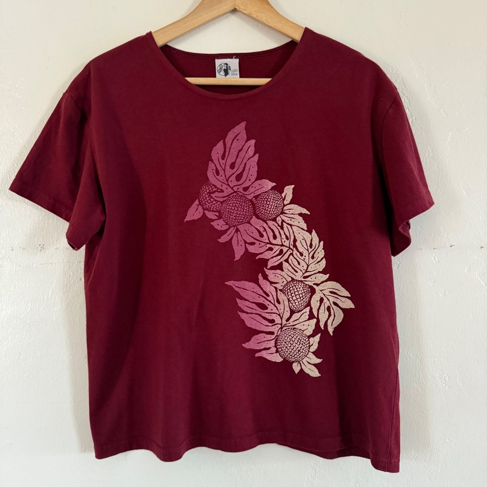 VTG Hawaiian Island Girl Ulu‎ Graphic Shirt Maroon Boxy Fit Womens Size Medium